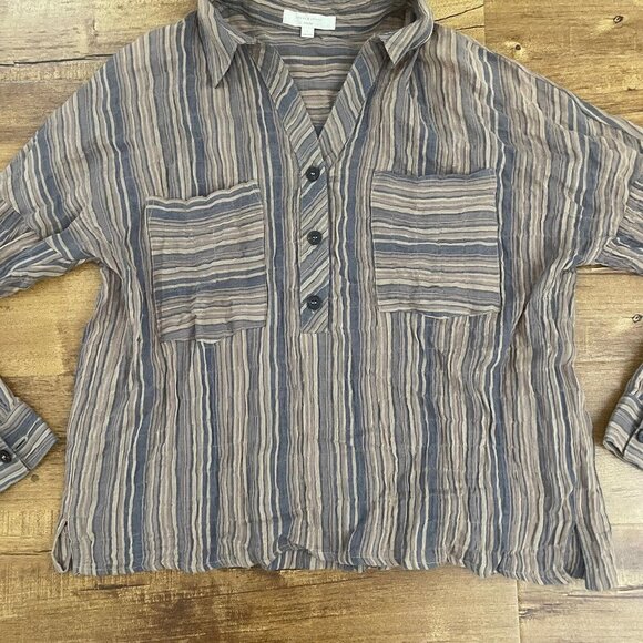 Womens Grade & grather button up Pullover top shirt brown size small s striped - Picture 2 of 9